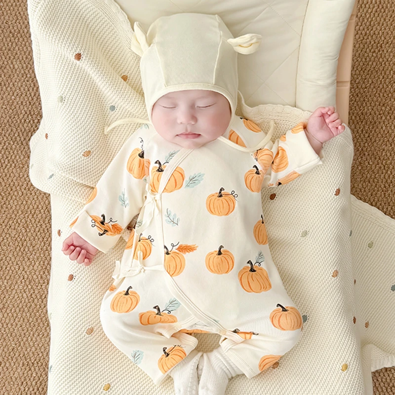 秋冬新生儿连体衣舒绒棉无骨绑带哈衣婴幼儿长袖偏开打底衣秋装