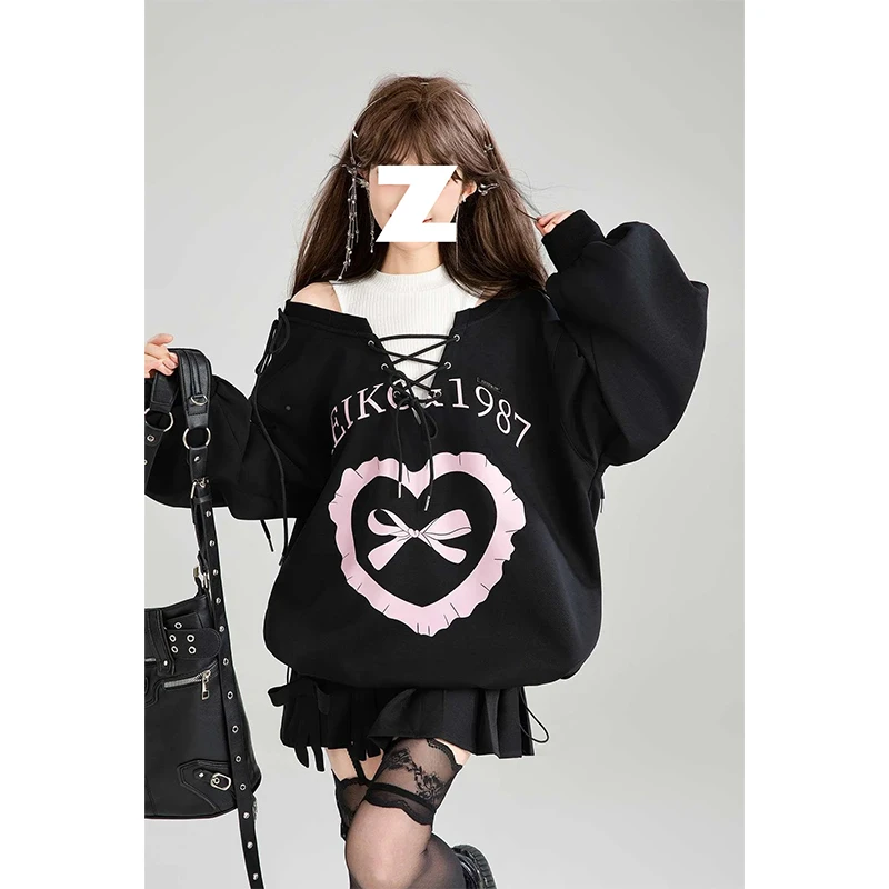 美式高街黑色假两件卫衣女早春薄款甜妹绑带印花宽松斜肩休闲上衣