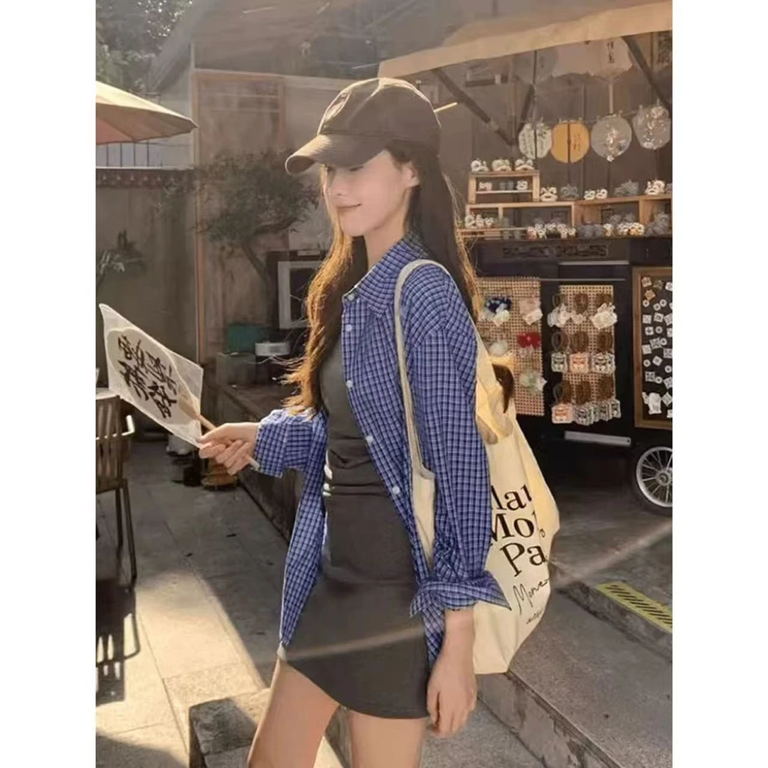 【工厂现货】美式蓝色格子Polo领长袖衬衫女早春季2025新款宽松上衣
