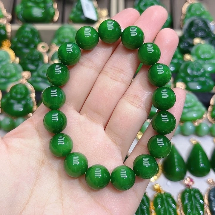 和田玉（碧玉）手串未镶嵌12m阳绿单圈特价款