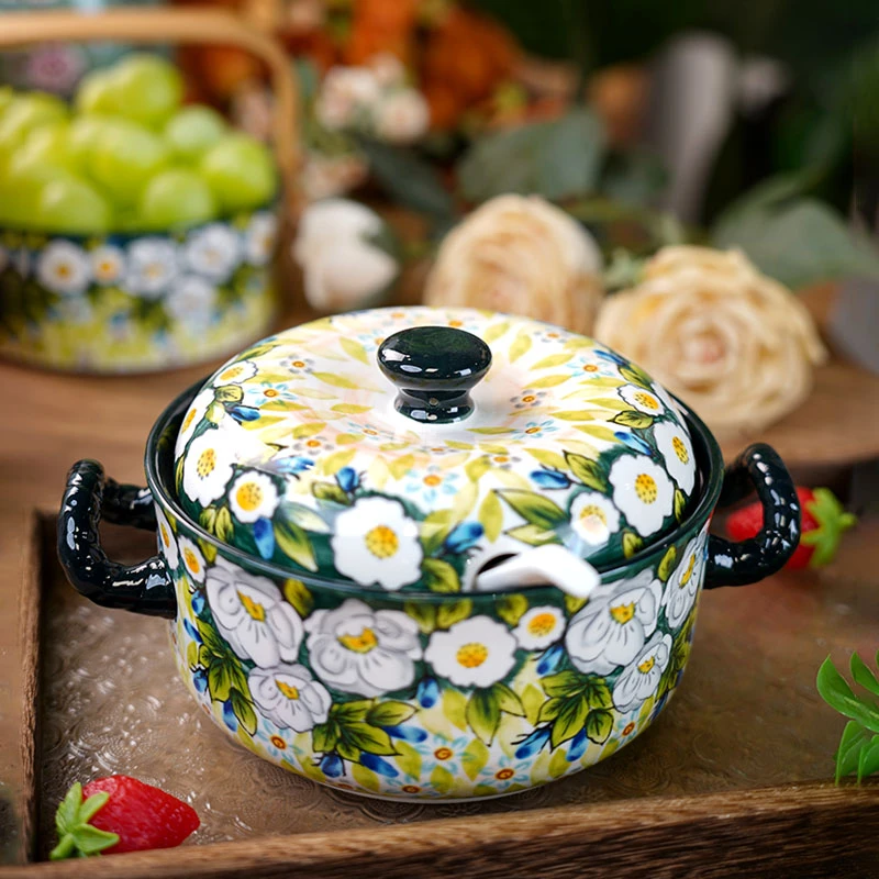 Sazaki浅茉 汤碗家用带盖双耳大号面碗波兰彩陶瓷手绘釉下彩高档