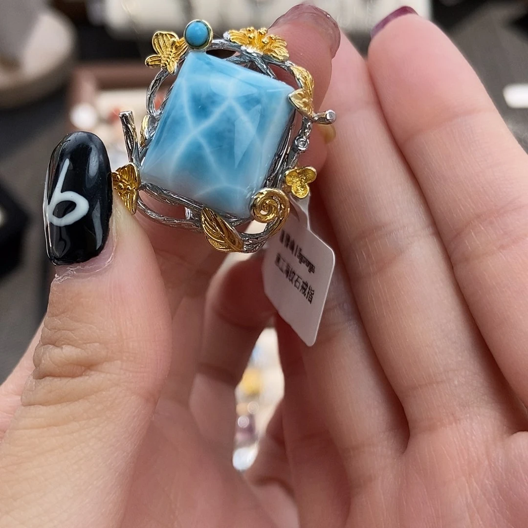 水晶戒指银S925镶嵌?*?海纹石小方