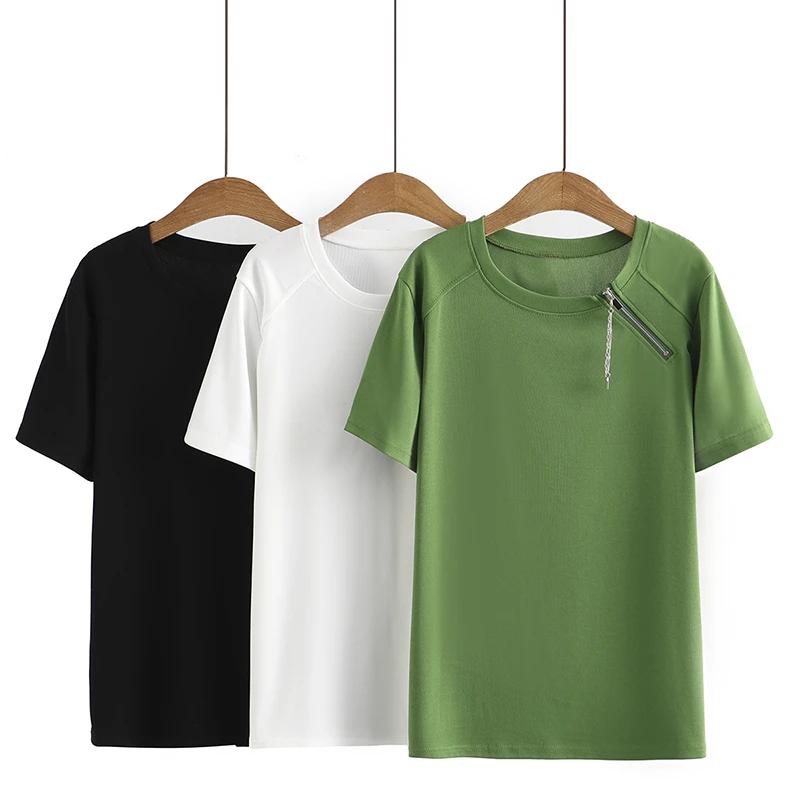 NINI920侧拉链圆领短袖T恤大码女装休闲运动上衣常规款套头衫夏