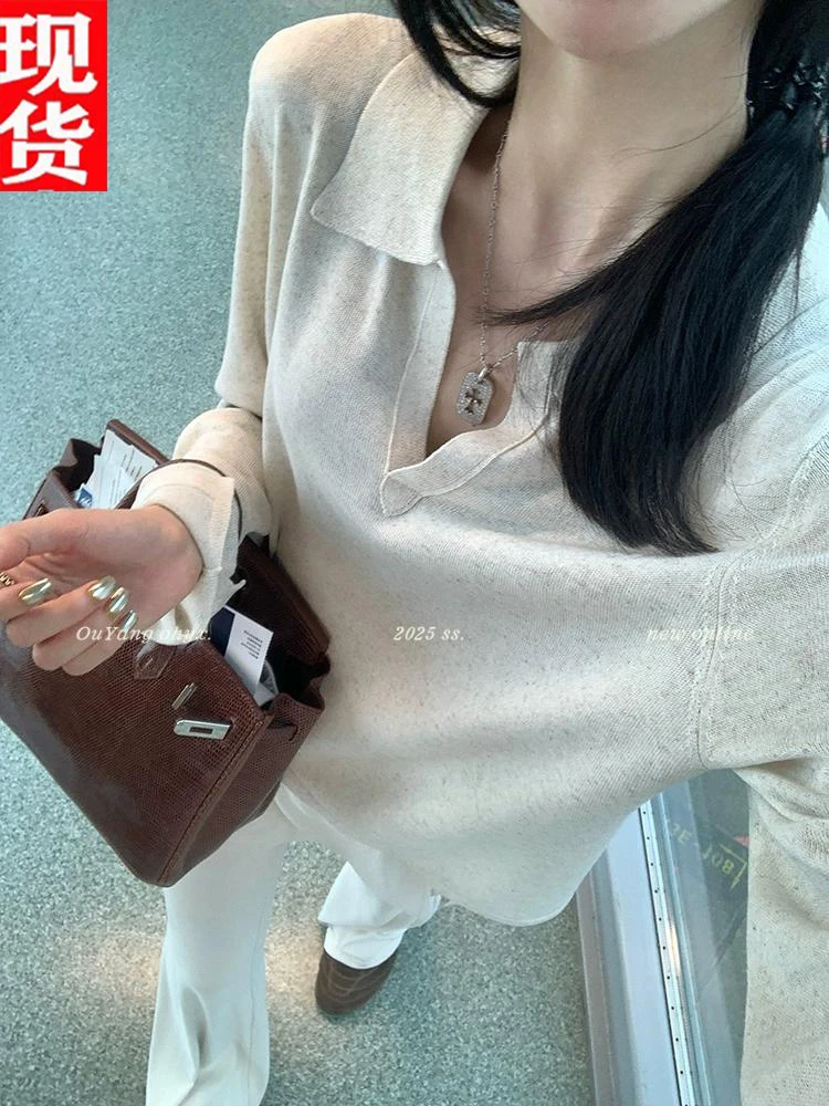 欧阳 翻领天丝亚麻针织衫女夏季慵懒风宽松美式复古长袖上衣