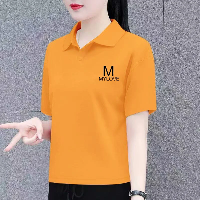 时尚纯色简约风POLO衫休闲宽松型夏装印花女士翻领短袖韩版上衣
