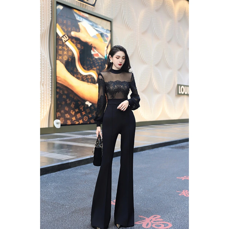 尤克菲儿  原创轻奢高定网纱设计显瘦气质优雅高腰时尚连体裤