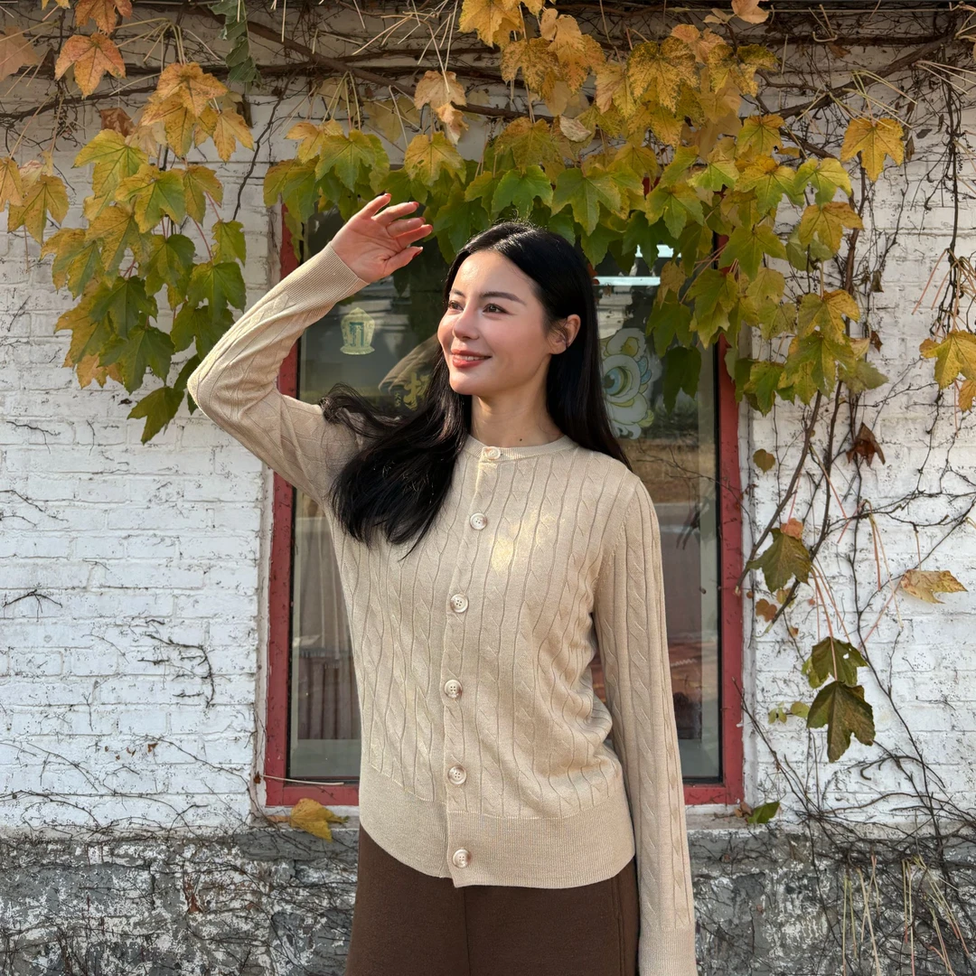 辽锦柞蚕丝麻花针织衫开衫经典百搭保暖