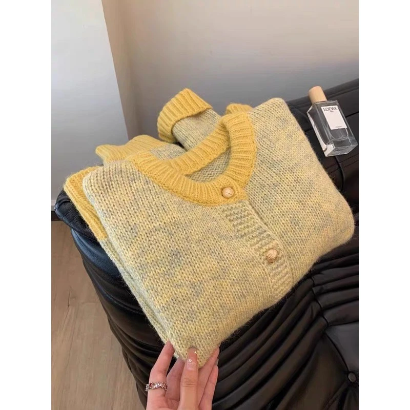 小香风黄色短款毛衣外套女春秋春装新款慵懒风小个子针织开衫上衣