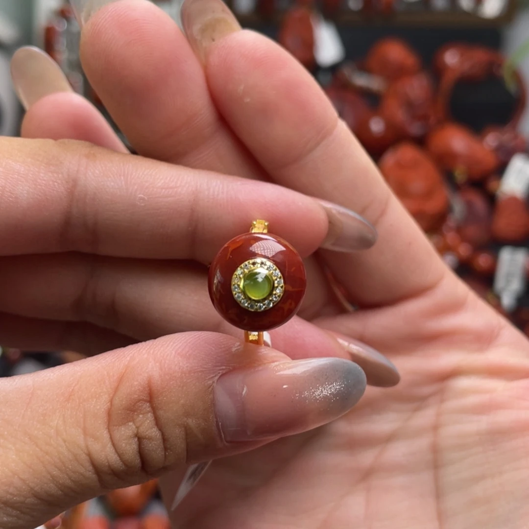 【闪购商品】银S925镶嵌牛血红火焰纹平安扣戒指南红玛瑙花*酱