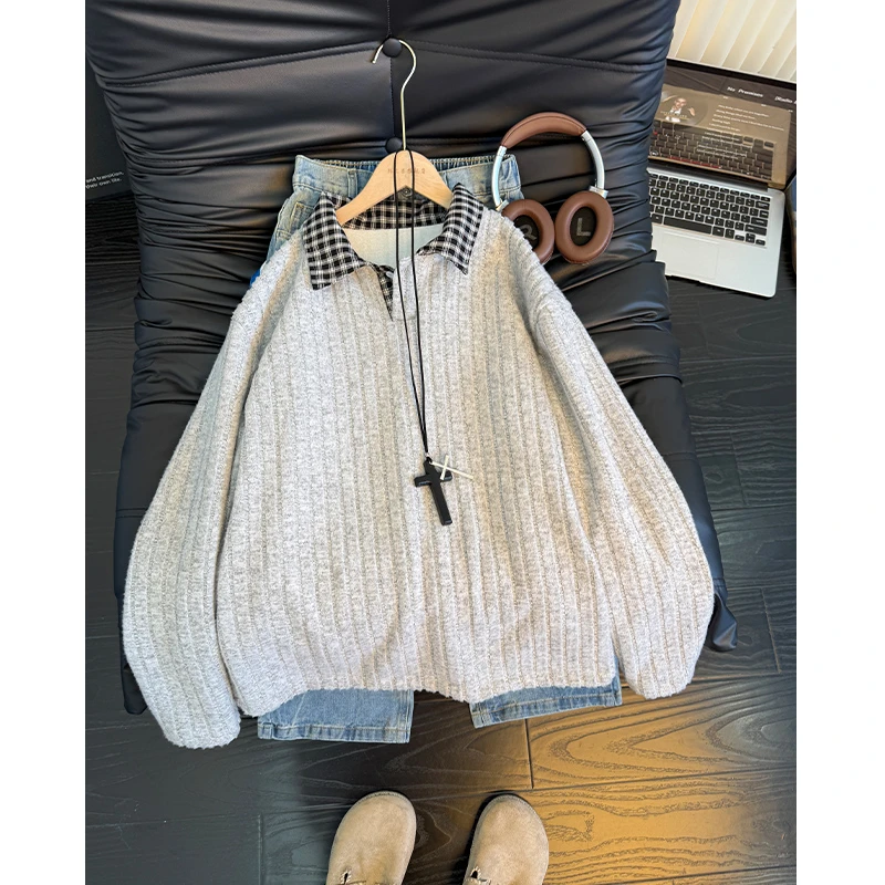 美式加绒条纹打底衫男女款秋冬高级感假两件卫衣翻领情侣休闲上衣