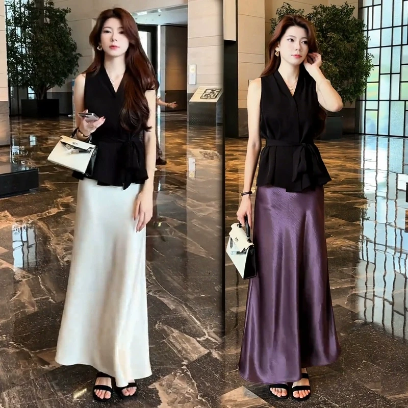 时尚套装裙女2025夏季新款洋气V领无袖系带上衣缎面半身裙两件套
