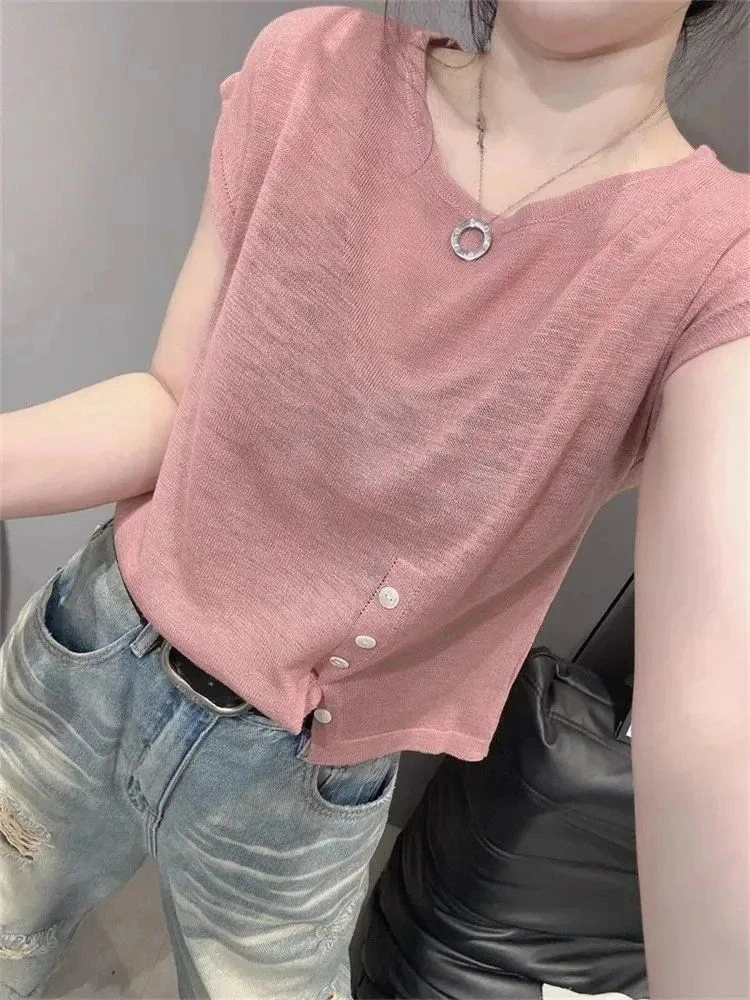 欧洲站夏新款圆领冰丝针织衫短袖女设计感气质宽松显瘦不规则上衣