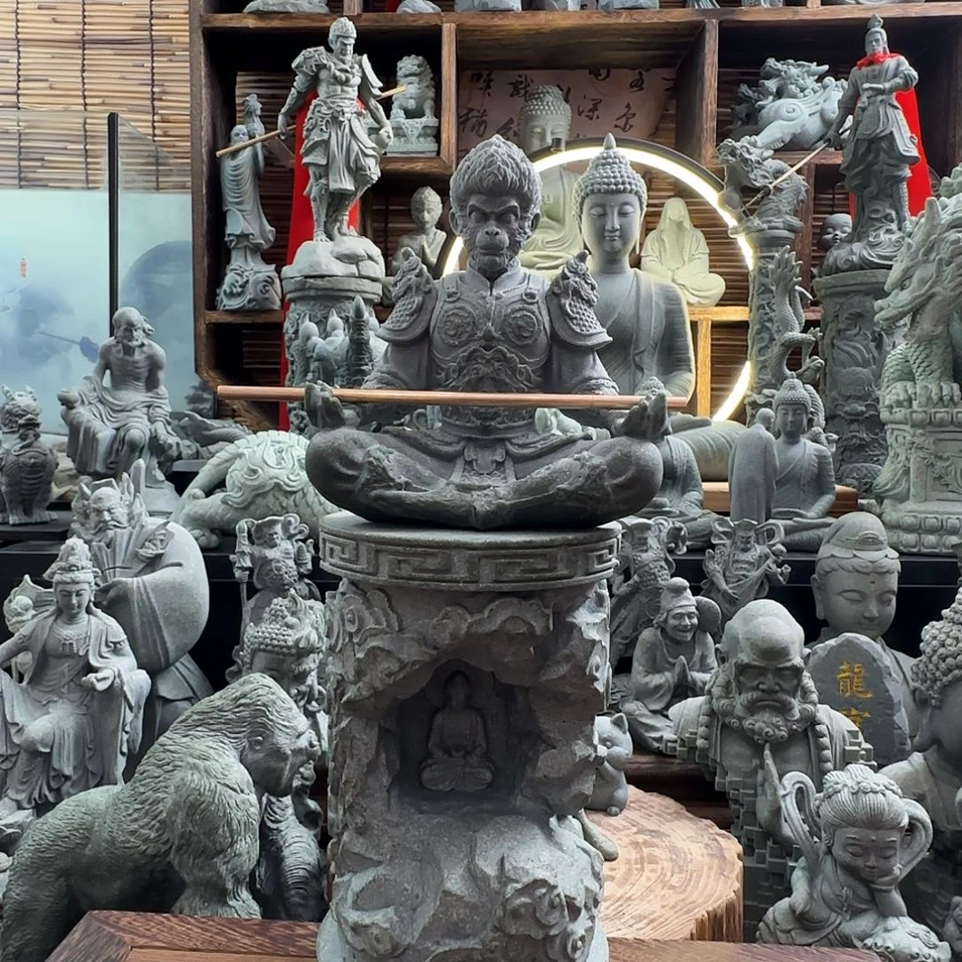 石材佛柱底座加冥想悟空一套