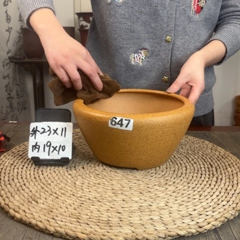 紫砂花盆柴烧光素中号窝口647