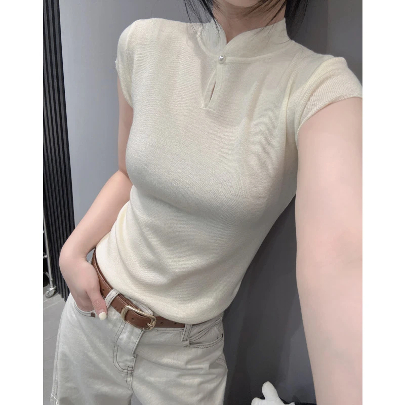新中式立领冰丝针织衫短袖女夏新款国风改良修身洋气百搭镂空上衣