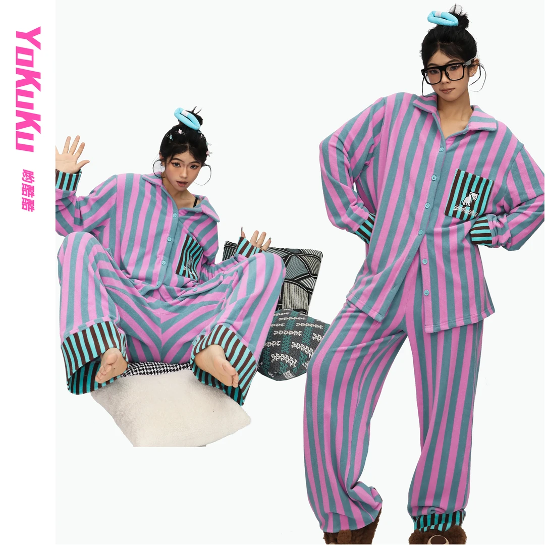 哟酷酷（条纹派对）多巴胺条纹毛巾面料宽松慵懒男女宽松上衣棉服