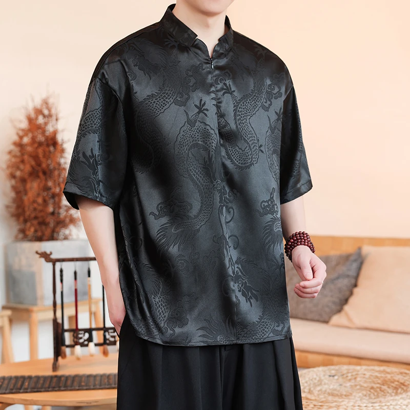 小众设计感拉链t恤男短袖夏季薄款中国风缎面龙纹唐装宽松衬衫潮