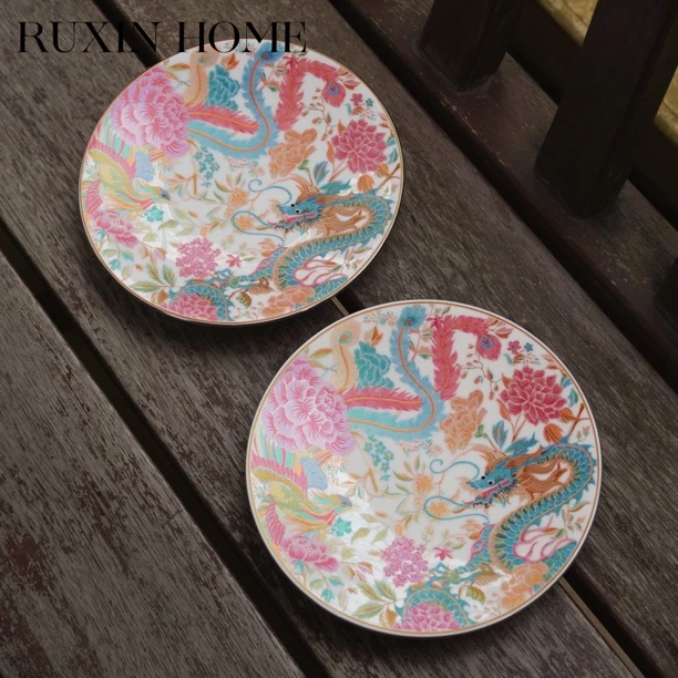 如馨·龙凤刺绣·骨瓷8寸浅盘