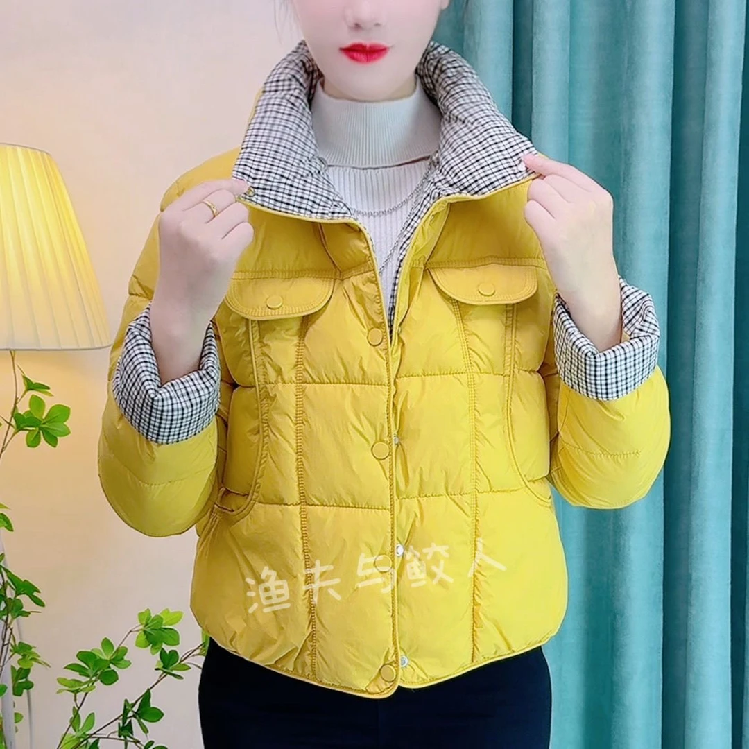 时尚格子短款拼接棉服外套女2025冬季新款洋气显瘦小个子保暖上衣