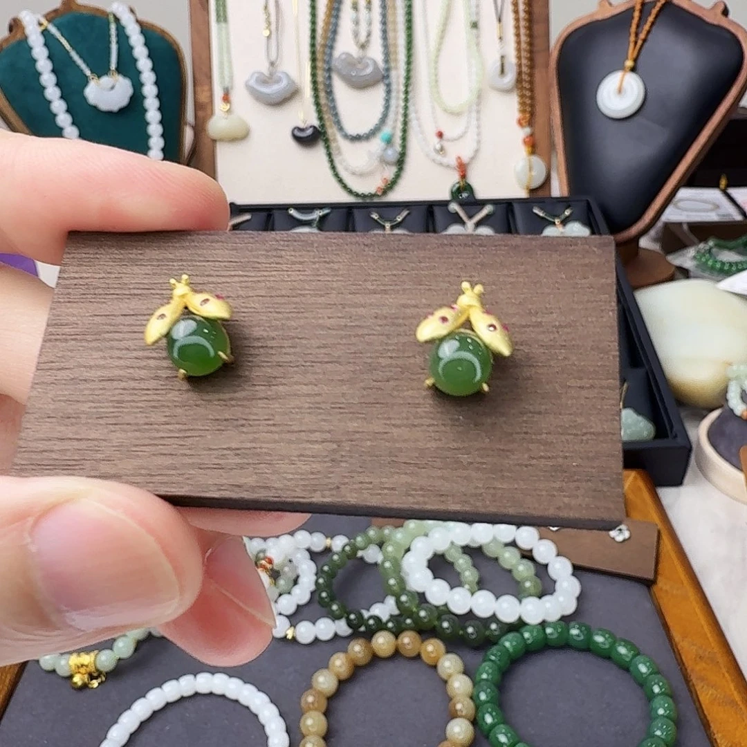 和田玉银S925镶嵌耳饰