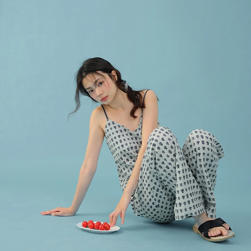 碎花纯棉夏季蘑菇印花吊带卡通休闲舒适女士全棉家居服宽松显瘦