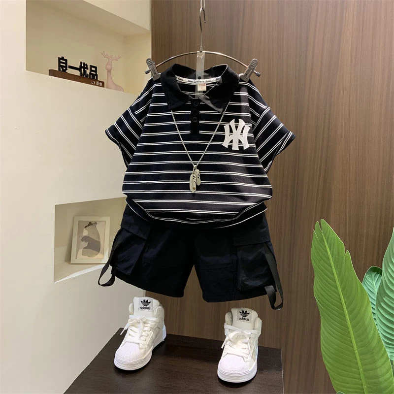 男童polo衫工装裤套装2025新款痞帅儿童夏装宝宝短袖T恤两件套薄