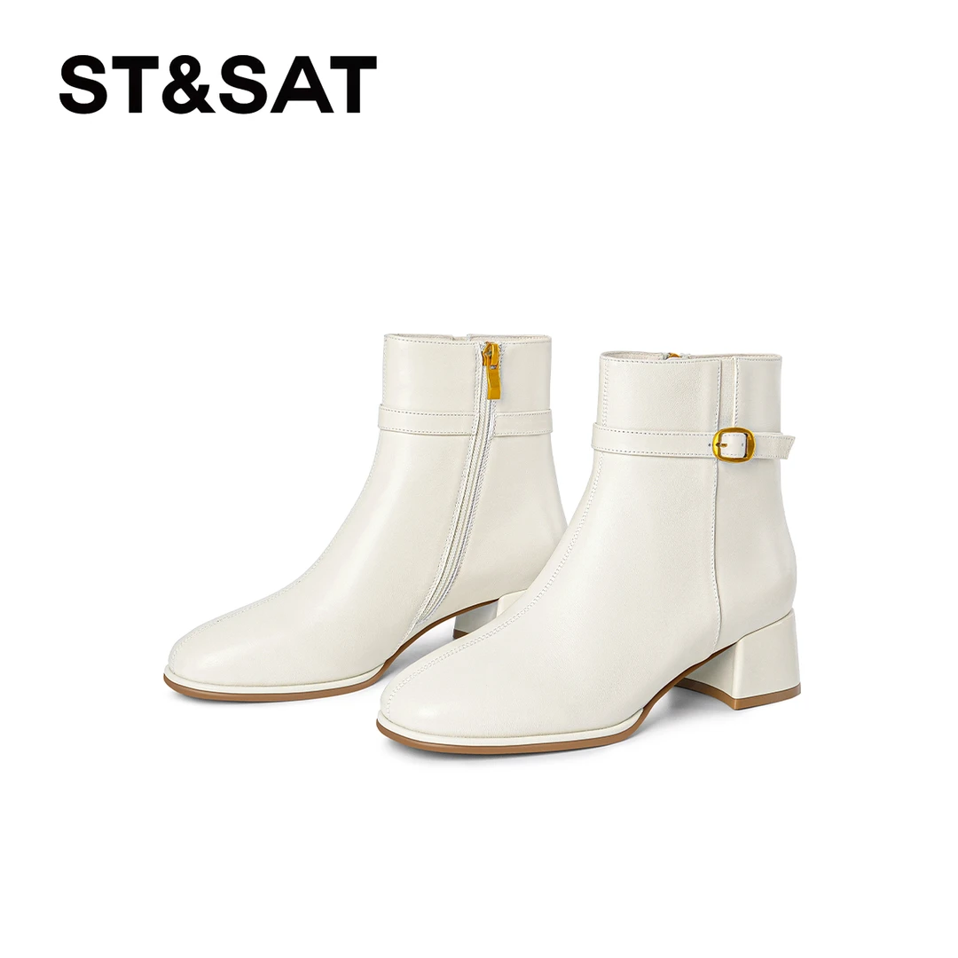 St&Sat/星期六粗跟女靴时尚休闲女鞋气质中跟时装靴圆头秋冬短靴