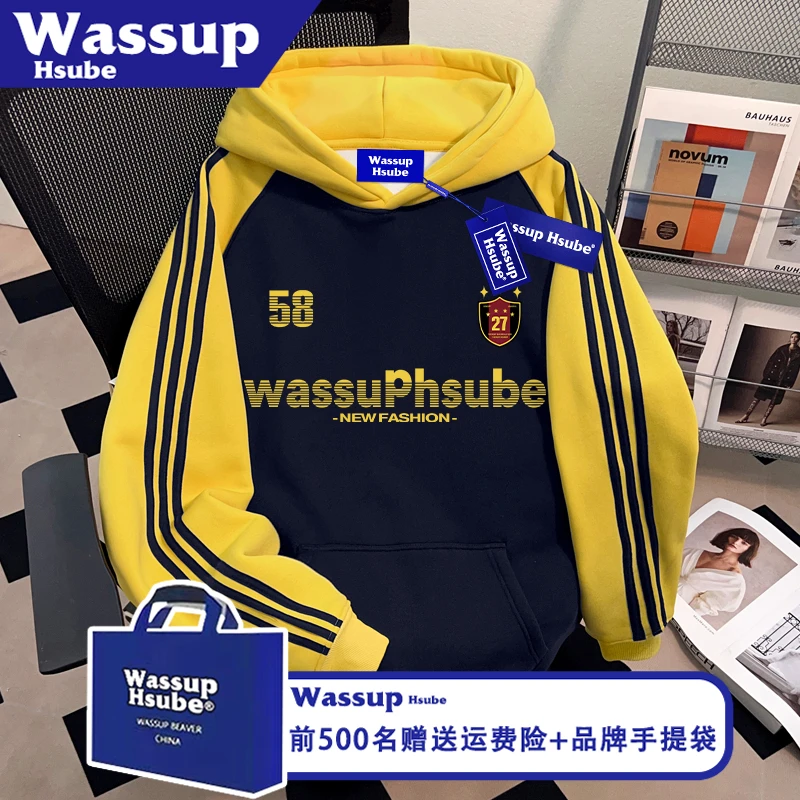 WASSUP HSUBE美式字母印花重磅卫衣秋冬三条杠男女款连帽宽松上衣