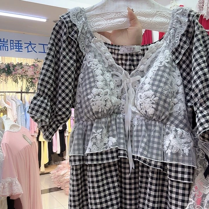 三醋酯纤维千鸟格半袖睡裙最大码