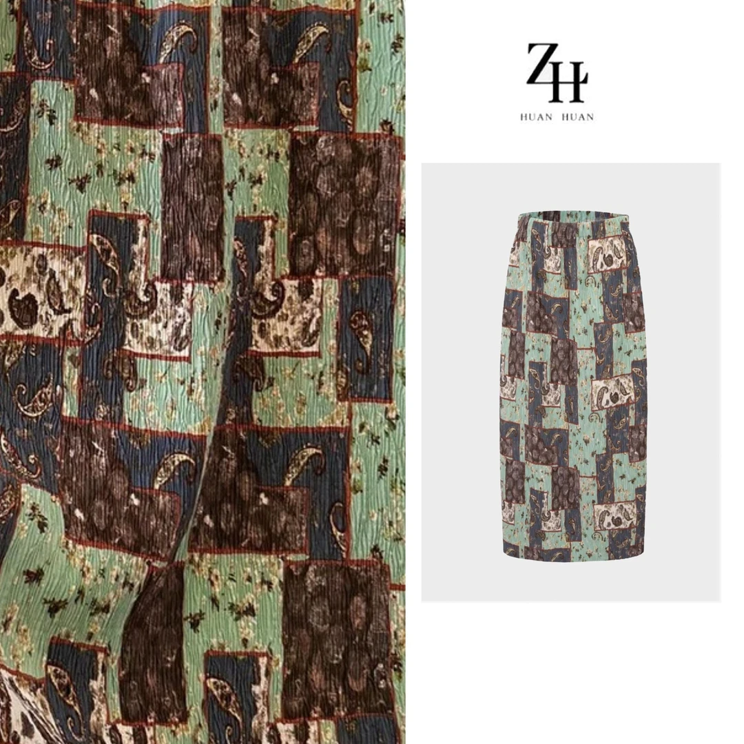 【ZH】‘’风中来信‘’夏季新款复古印花松紧腰下摆开叉半身裙女A20984