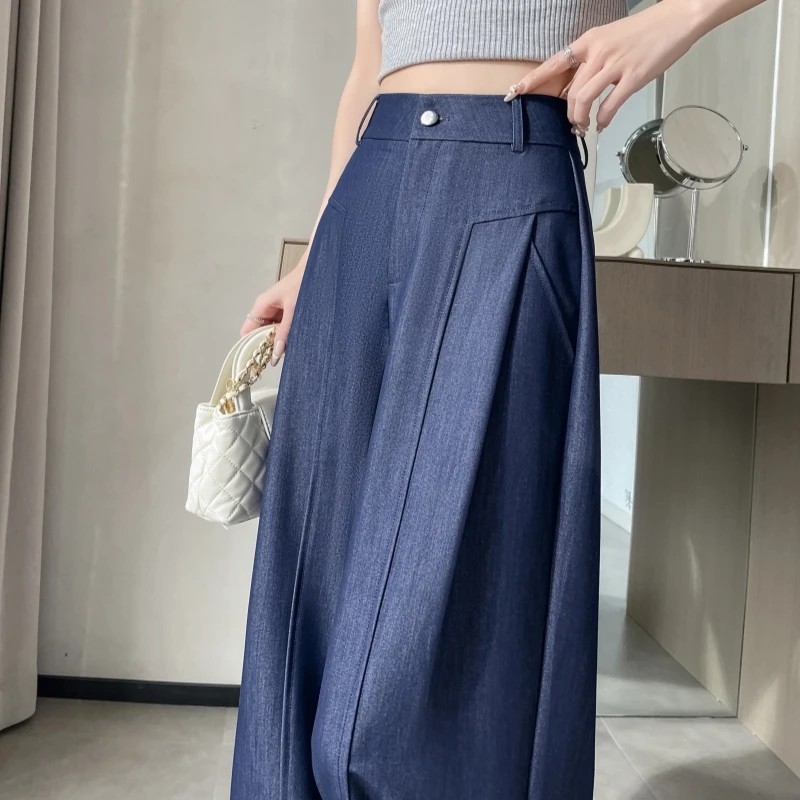 2025新款夏季高腰软牛仔阔腿休闲女裤显瘦百搭通勤有口袋垂感