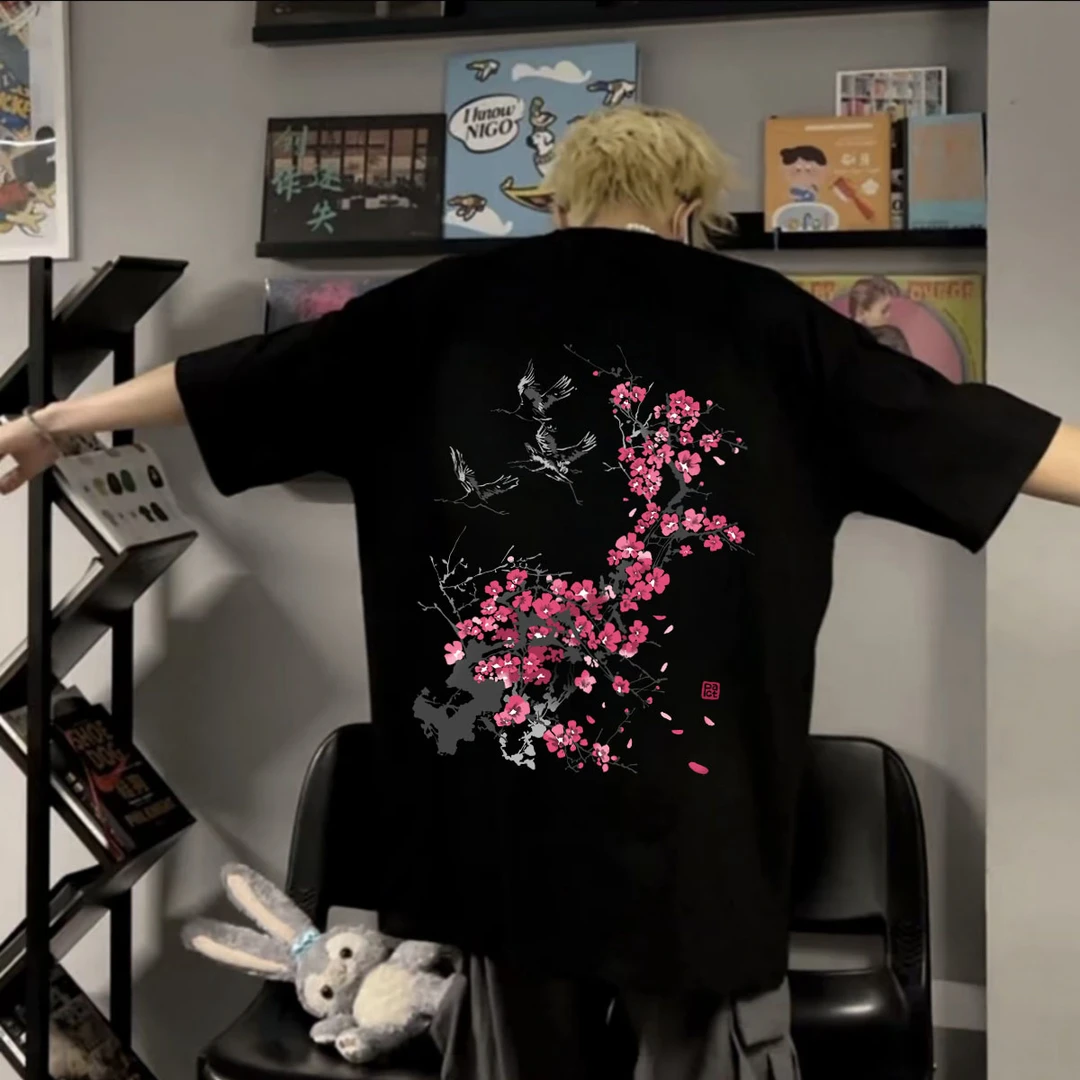 100%纯棉重磅圆领夏季短袖T恤水墨梅花国潮穿搭男女宽松休闲半袖u