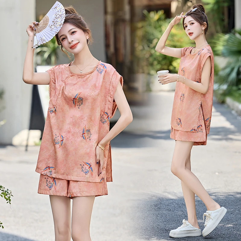 新中式国风印花套装女2025年夏季新款复古气质遮肉显瘦短裤两件套