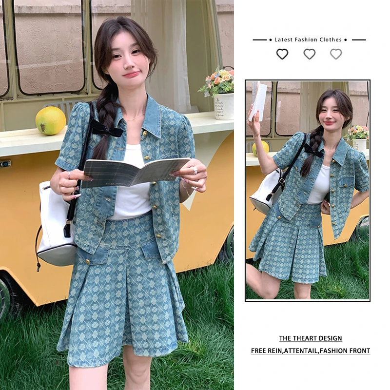 【浅浅专属】时尚牛仔外套夏装搭配一整套韩系显瘦百褶短裙两件套女