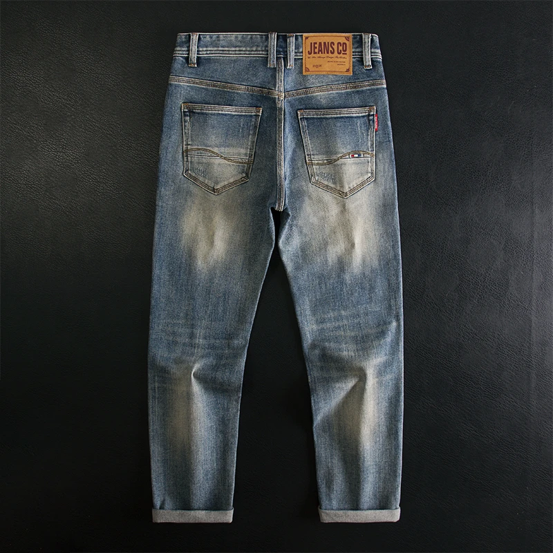 高端复古做旧牛仔裤男士修身直筒弹力水洗休闲百搭秋冬款长裤潮流