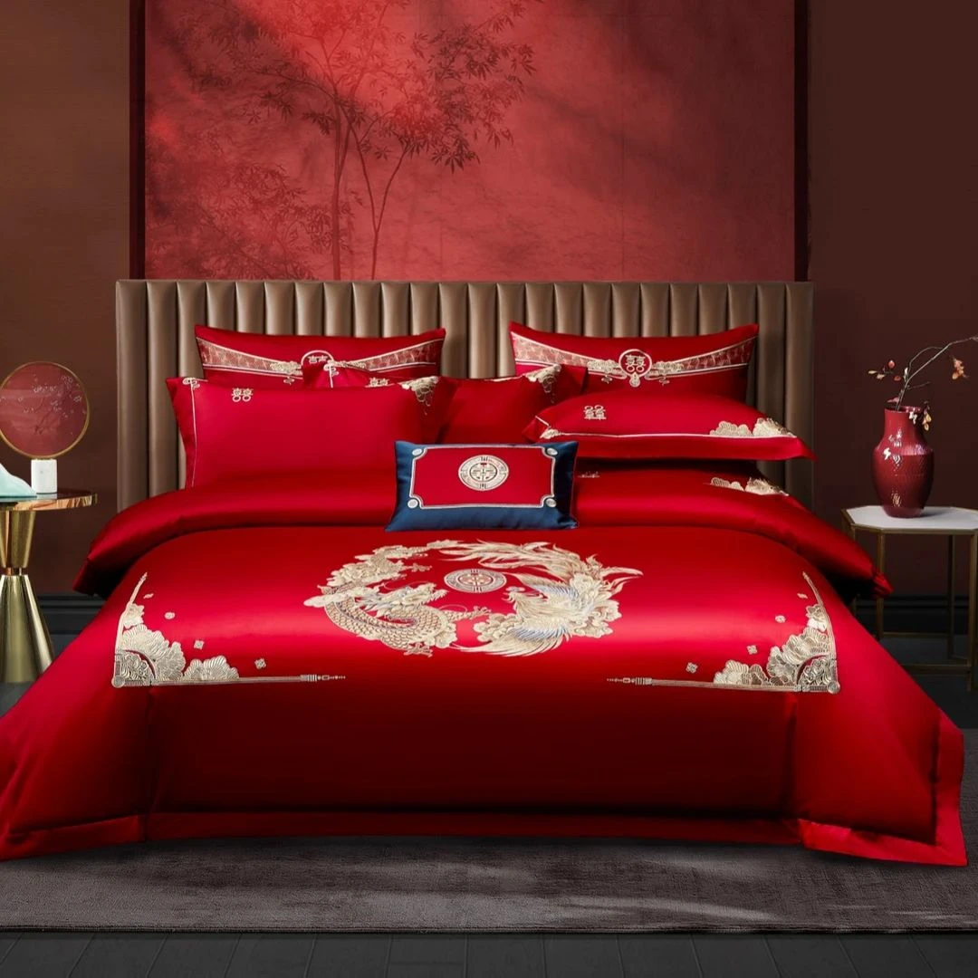【龙凤瑞彩】婚房中式婚庆龙凤刺绣全棉大红色床盖四六件套绣花喜被