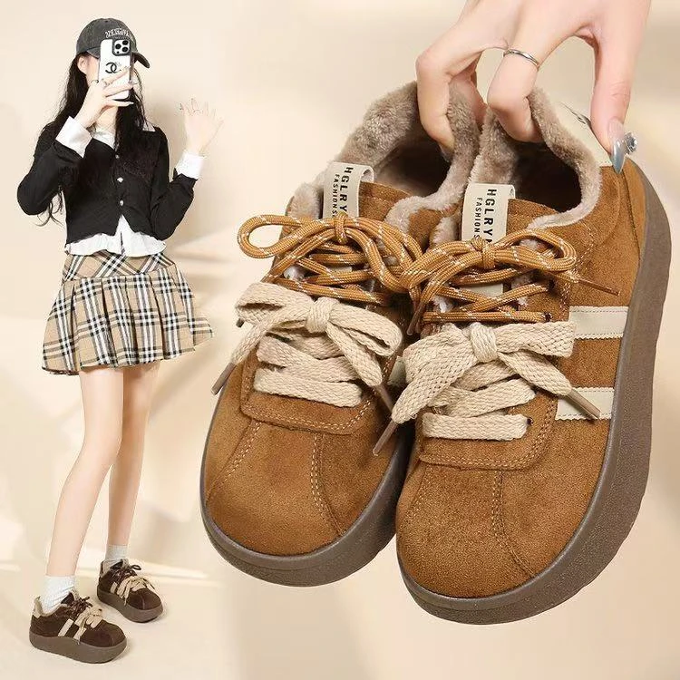 复古加绒保暖德训鞋女2025年冬季新款厚底松糕时尚休闲鞋百搭板鞋