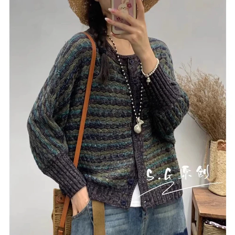 2025春季新款女装外套宽松棉线针织开衫秋季圆领文艺秋款时尚上衣