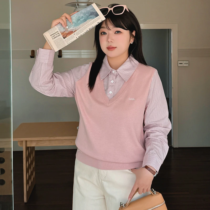大码女装气质学院风假两件上衣2025春款胖mm显瘦长袖针织衫