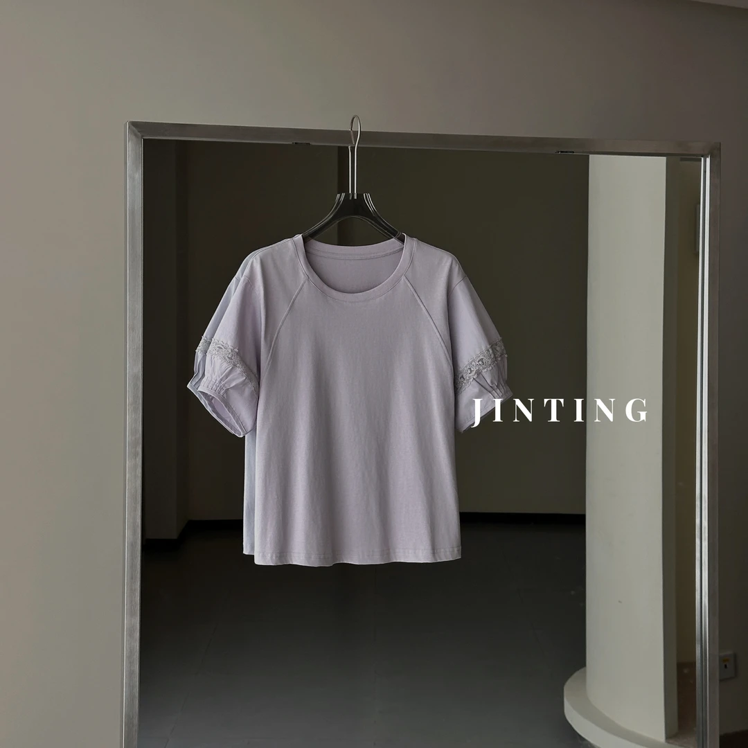 今婷夏季韩版简约设计休闲时尚泡泡袖舒适圆领短袖T恤-M25218319