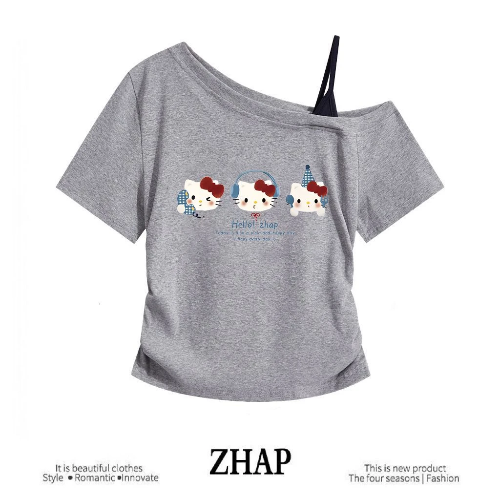 【ZHAP】新款斜肩吊带短袖t恤女露肩多巴夏季动漫kitty印花显瘦上衣