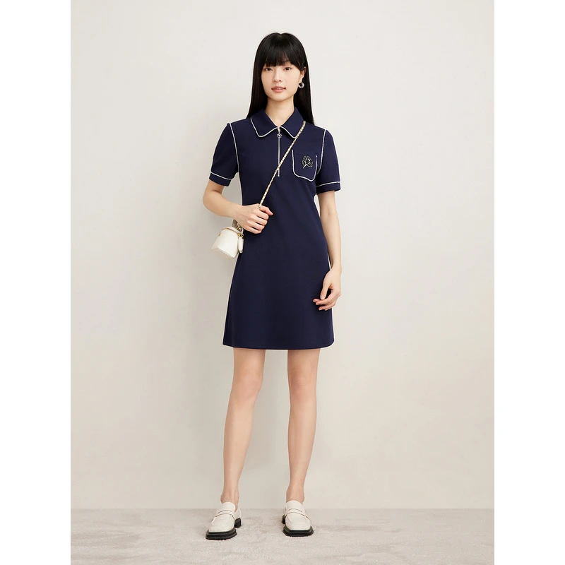 Goodland美地女装夏季新款百搭POLO领针织刺绣LOGO短袖连衣裙
