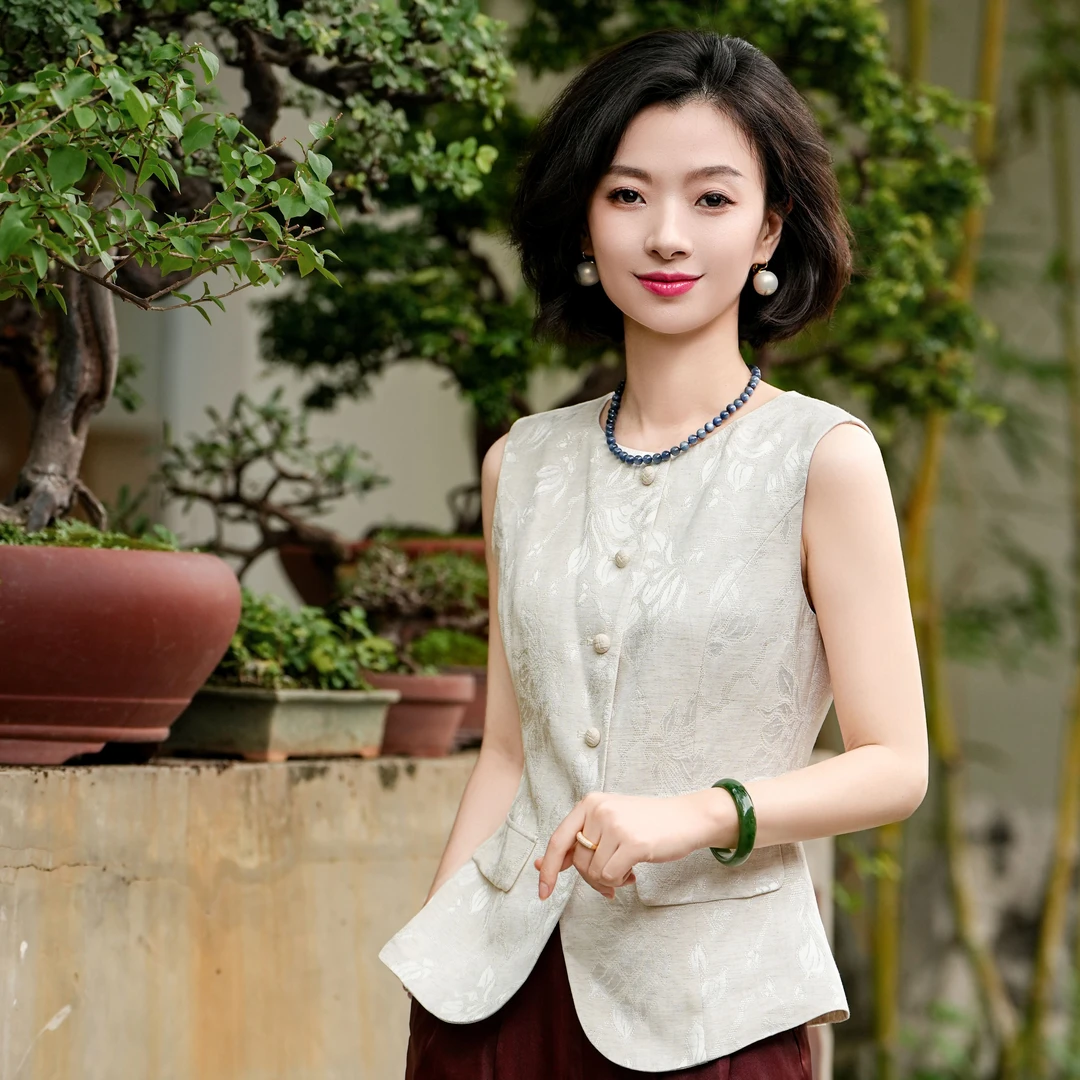 西子/【文艺马甲】亚麻玉兰暗纹提花文艺感时尚百搭马甲/MJBH1400