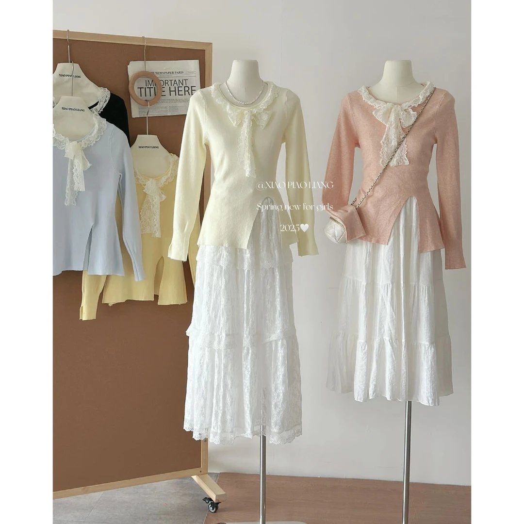 韩版纯欲减龄蕾丝蝴蝶结绑带设计不规则开叉针织上衣213#0.12