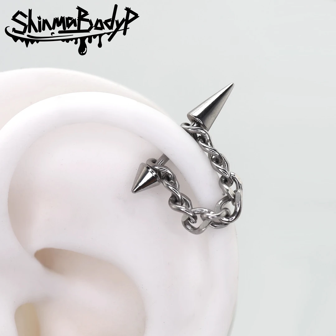 合金耳饰 Shinma朋克尖锥铆钉挂链耳钉耳骨钉耳轮钉钛钢钛合金