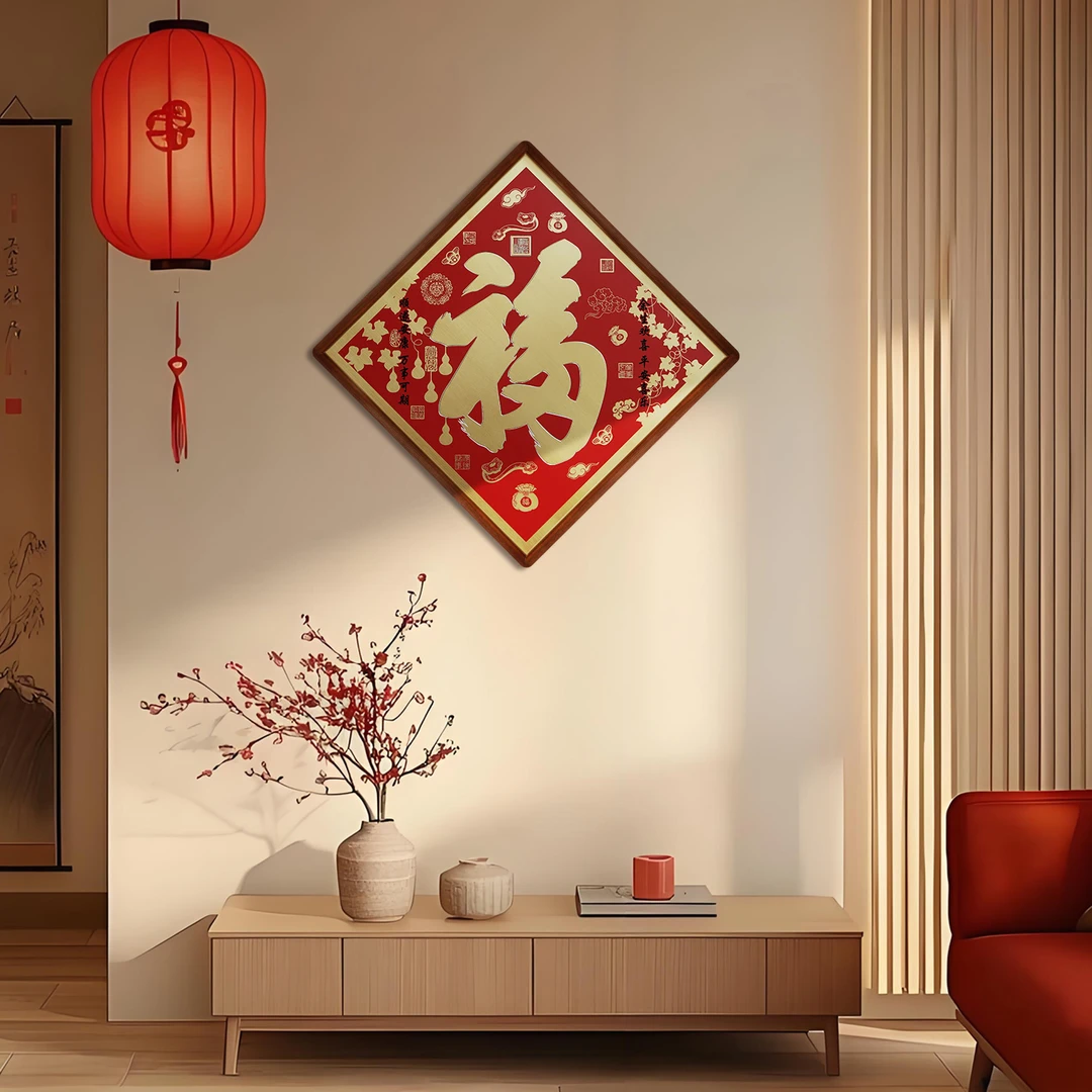 步铜寻常錾刻铜雕画 小号《阖家幸福》 福字菱形框玄关走廊入户挂画