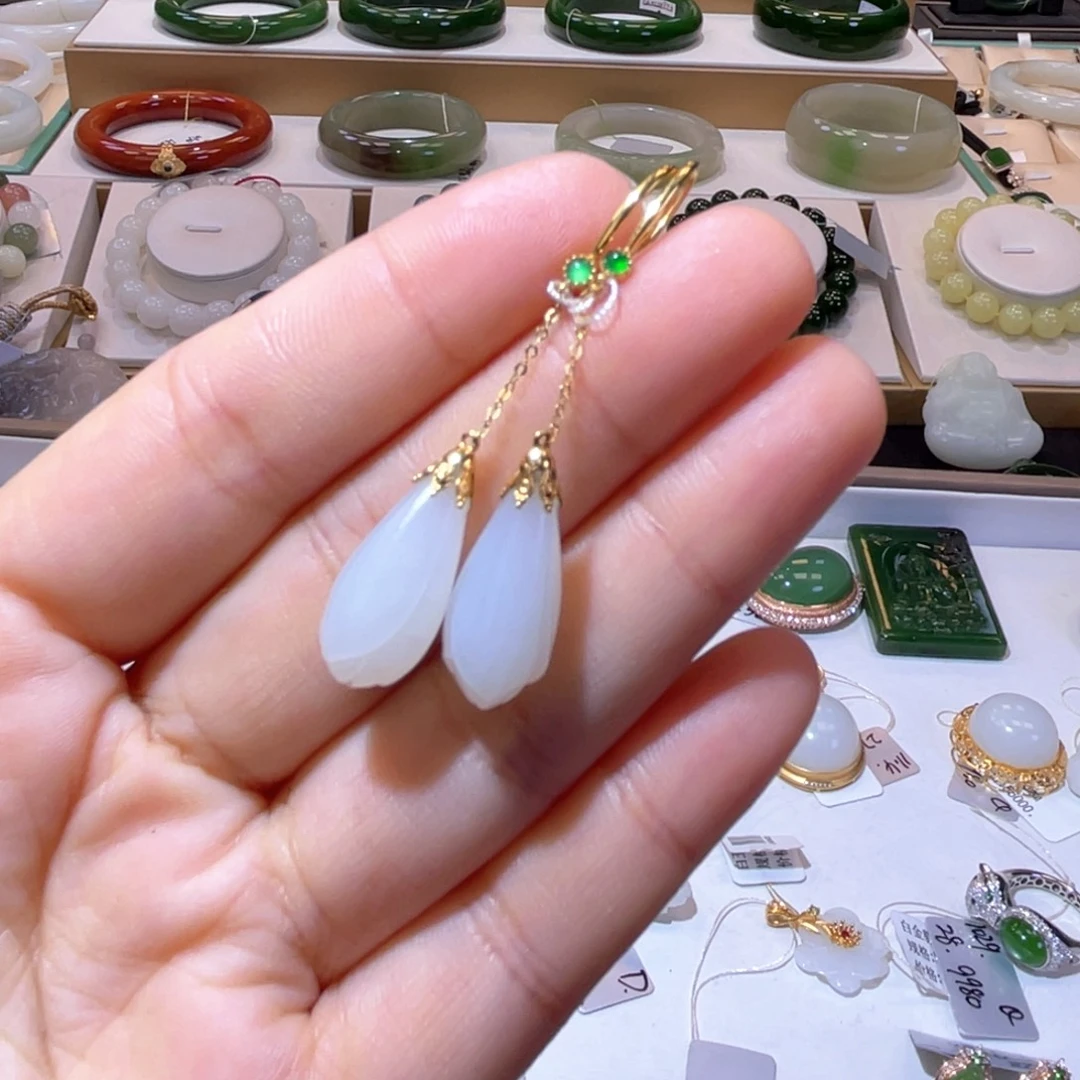 和田玉18K金镶嵌颈饰高品羊脂耳环