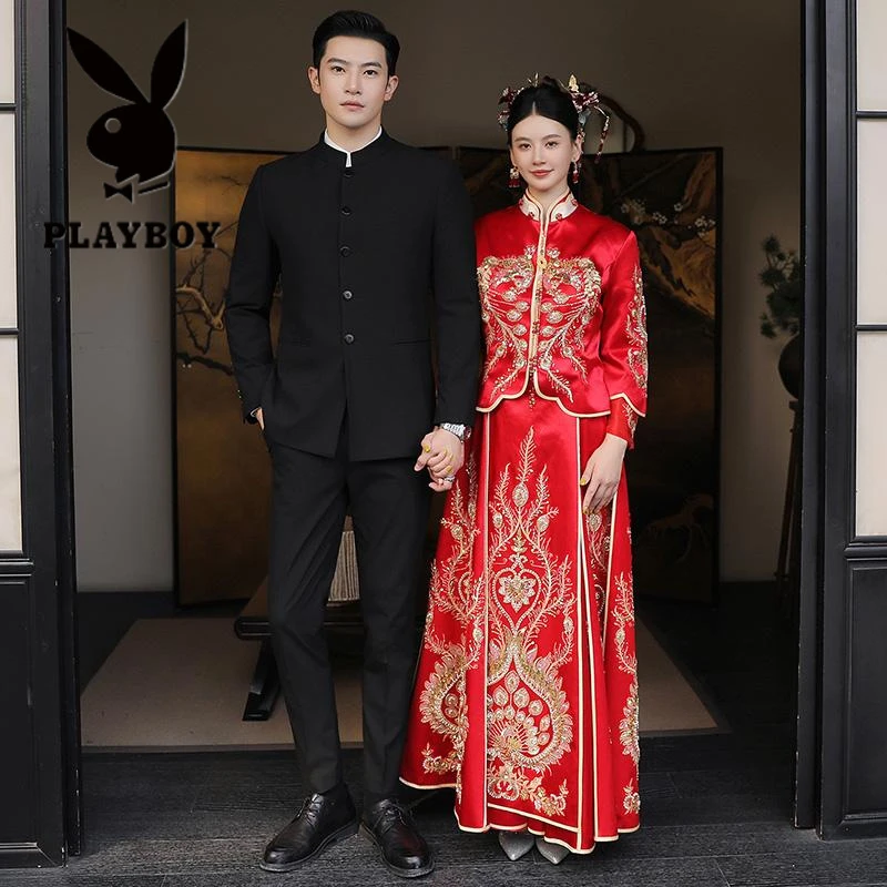 花花公子新中式立领结婚西装礼服男休闲中山装西服两件套