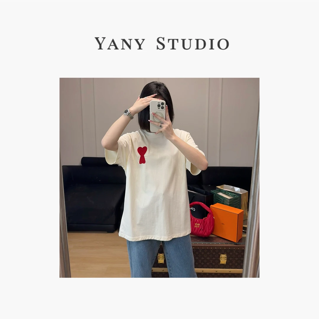 设计师潮牌早春新款oversize爱心刺绣男女同款百搭情侣T恤 015