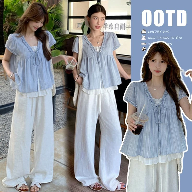 夏上新蕾丝拼接甜美木耳边减龄娃娃衫+阔腿长裤套装